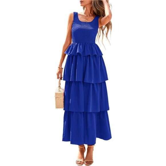 Dresses & Skirts - Womens 2025 Summer Sleeveless Midi Dress Scoop Neck A Line Smocked